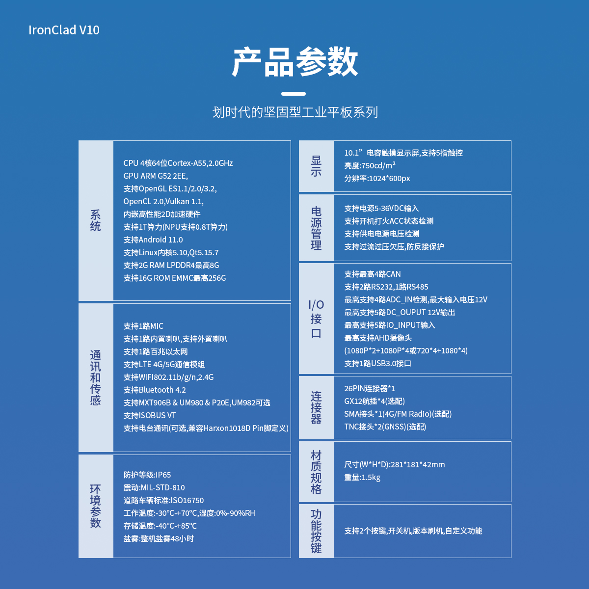 10.1寸 IronClad V10 車載平板產(chǎn)品參數(shù)